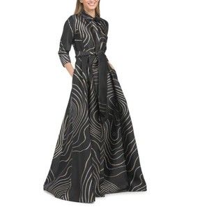 NWT Teri Jon 3/4 Sleeve Collared Jacquard Gown With Belt black/gold size 2